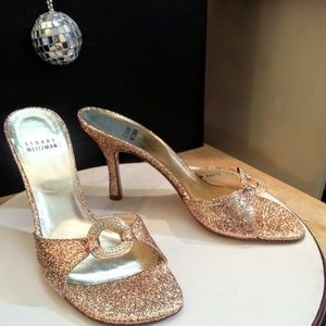 Stuart Weitzman x Swarovski rhinestone gold glitter 3.75" heel slide sandals sz7